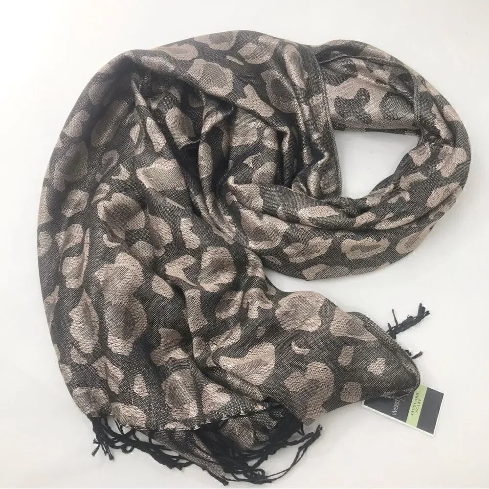 West Loop Black Taupe Metallic Leopard Print Jacquard Fringe Scarf NEW